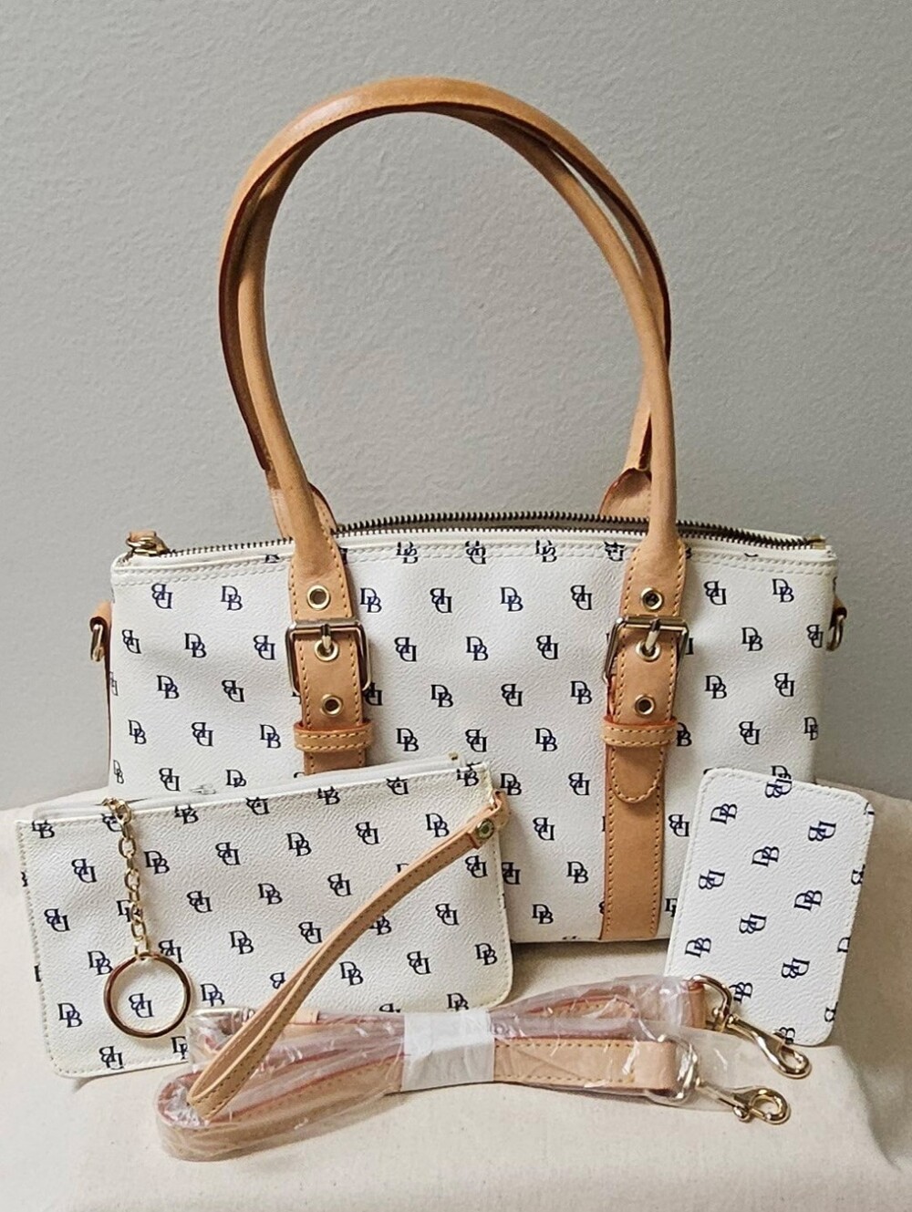 D B Ivory Canvas Tote with Tan Leather Trim and Navy Monogram